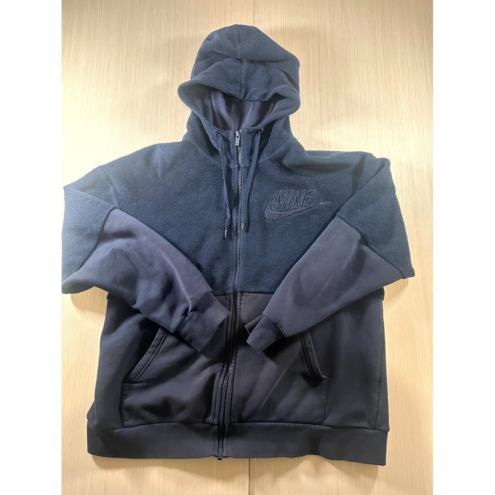 Nike Fleece Hoodie Men's Medium‎ Navy Blue Solo Swoosh Kangaroo Pockets Full Zip